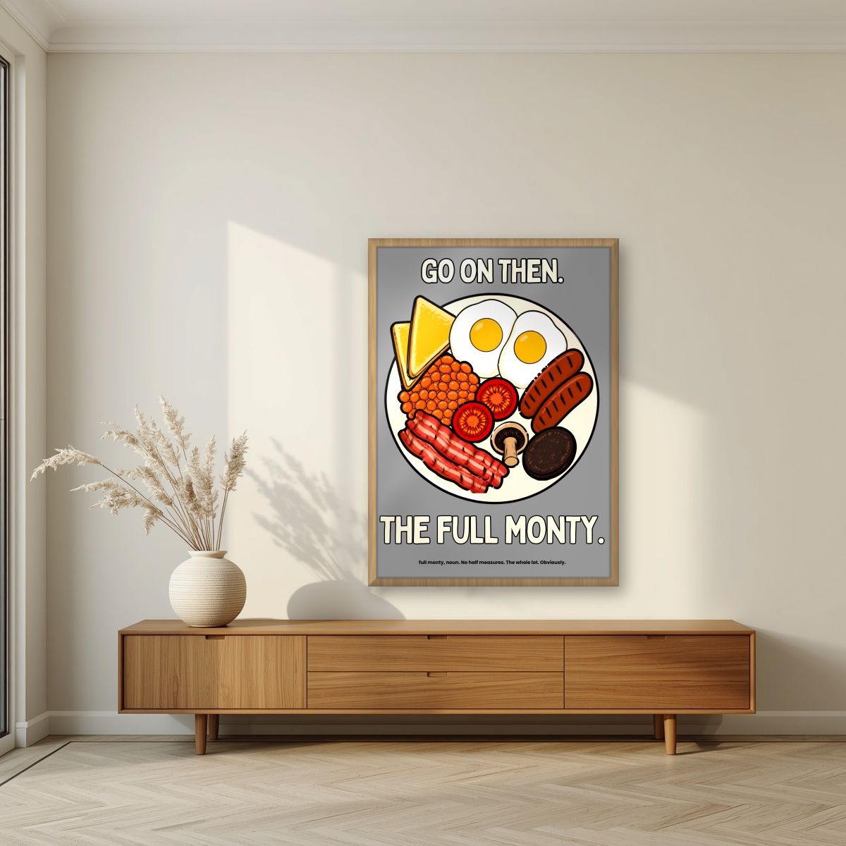The Full Monty – Drizzle Grey art print, in an oak frame, styled in a living room