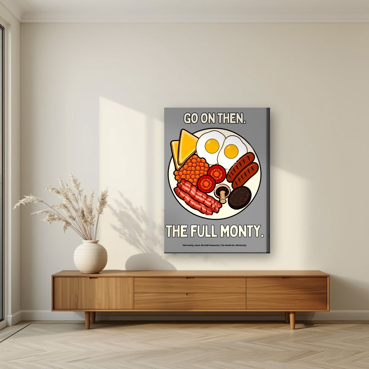 The Full Monty – Drizzle Grey art print, on slim canvas, styled in a living room