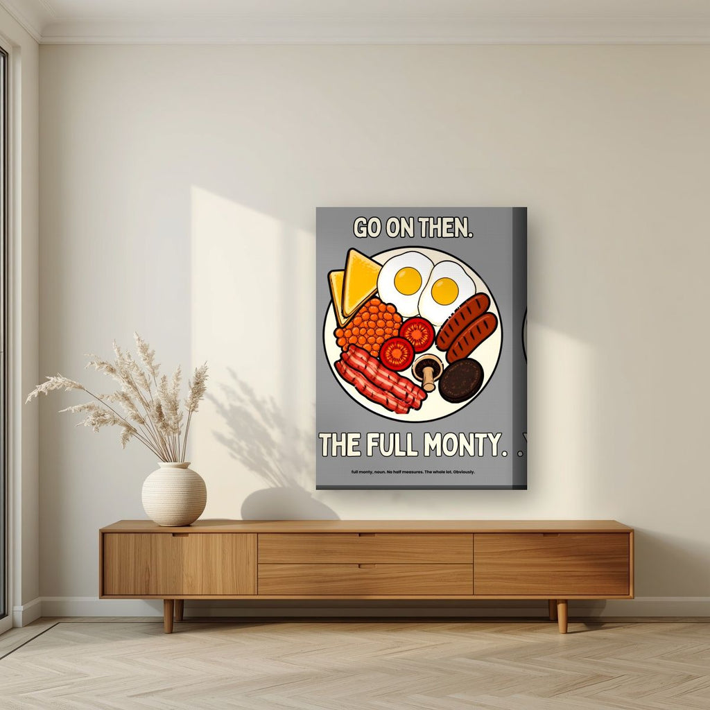 The Full Monty – Drizzle Grey art print, on thick canvas, styled in a living room