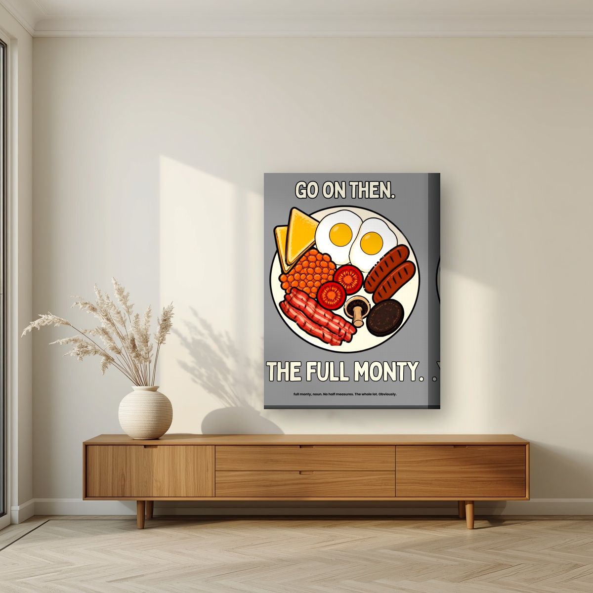 The Full Monty – Drizzle Grey art print, on thick canvas, styled in a living room