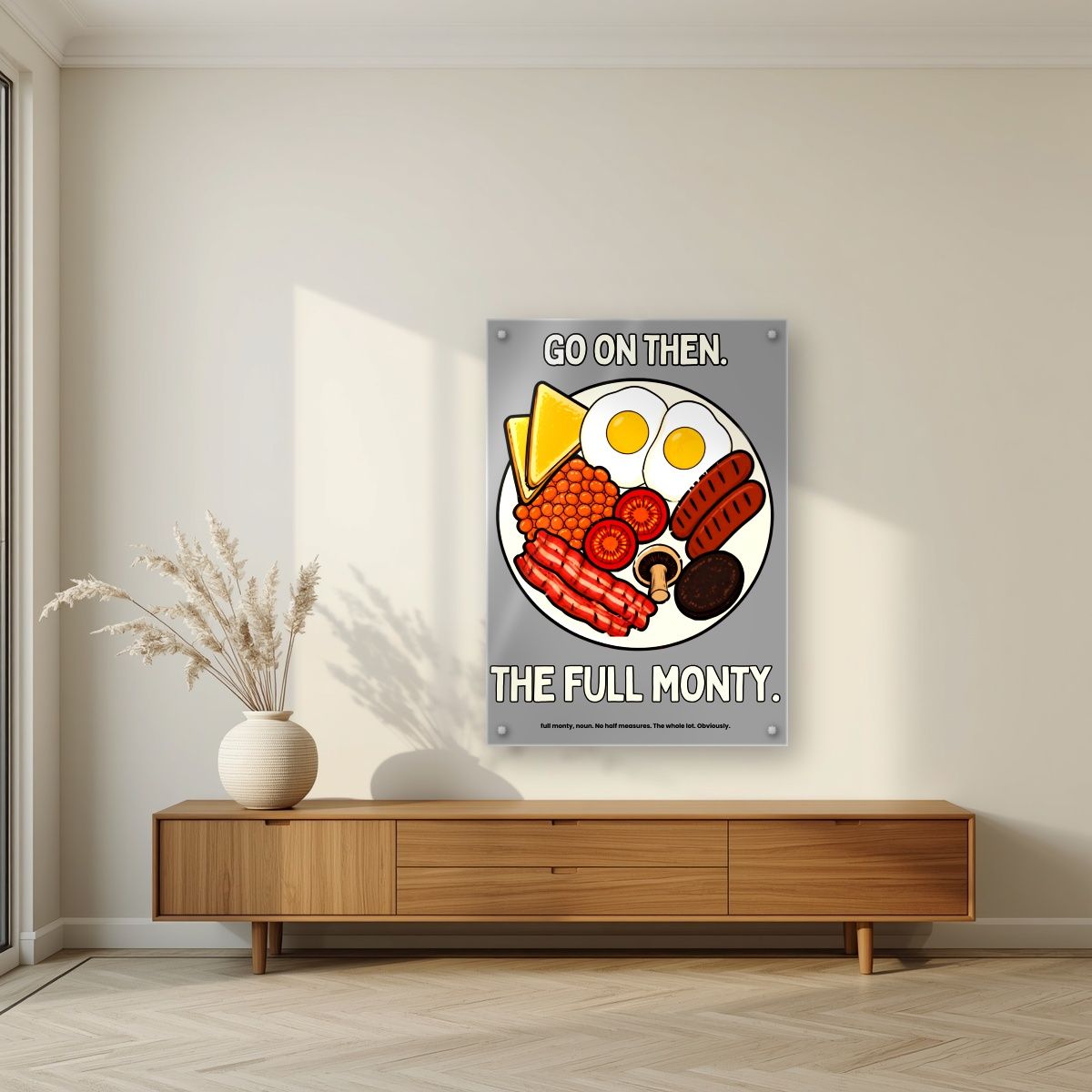 The Full Monty – Drizzle Grey art print, as an acrylic print, styled in a living room