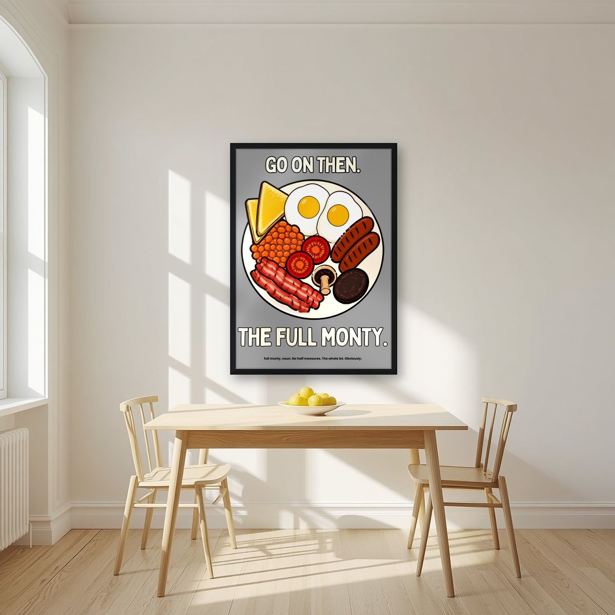 The Full Monty – Drizzle Grey art print, in a black frame, styled in a kitchen