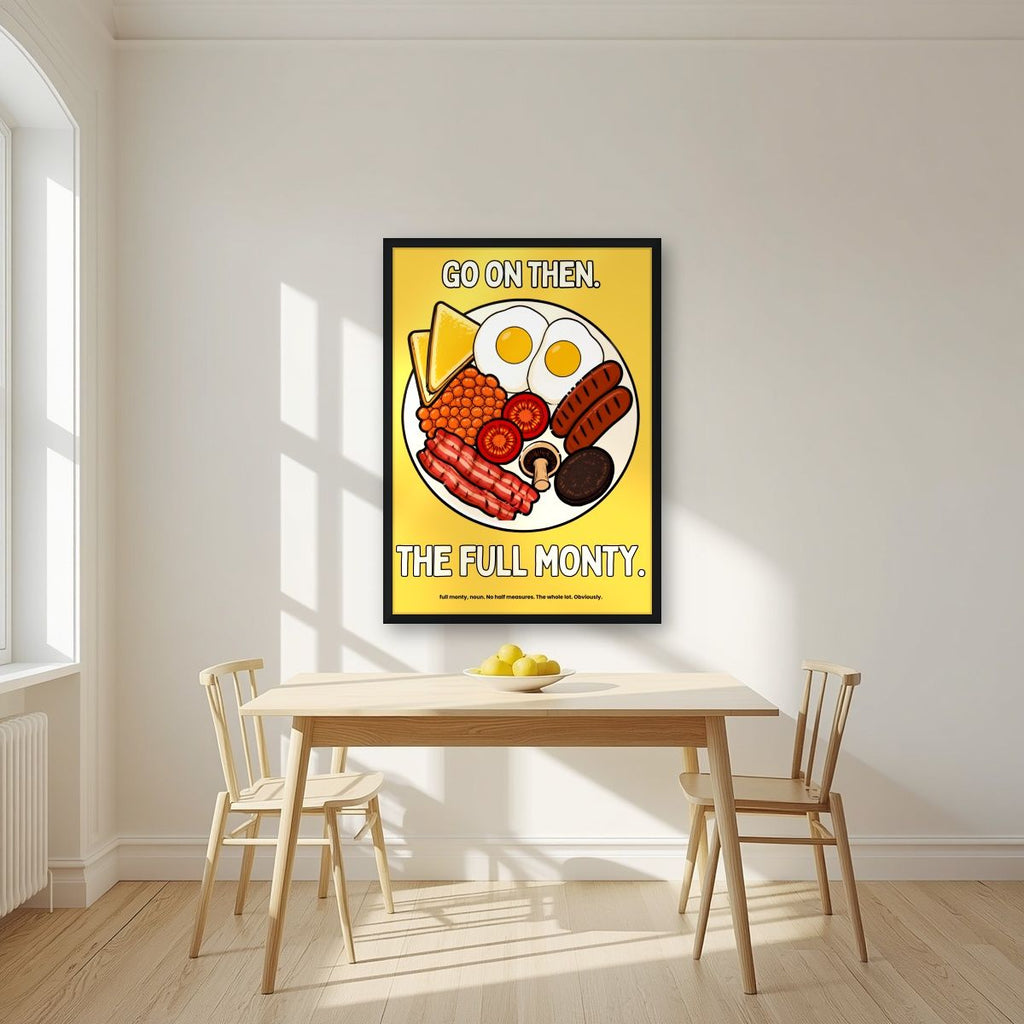 The Full Monty – English Mustard art print, in a black frame, styled in a kitchen