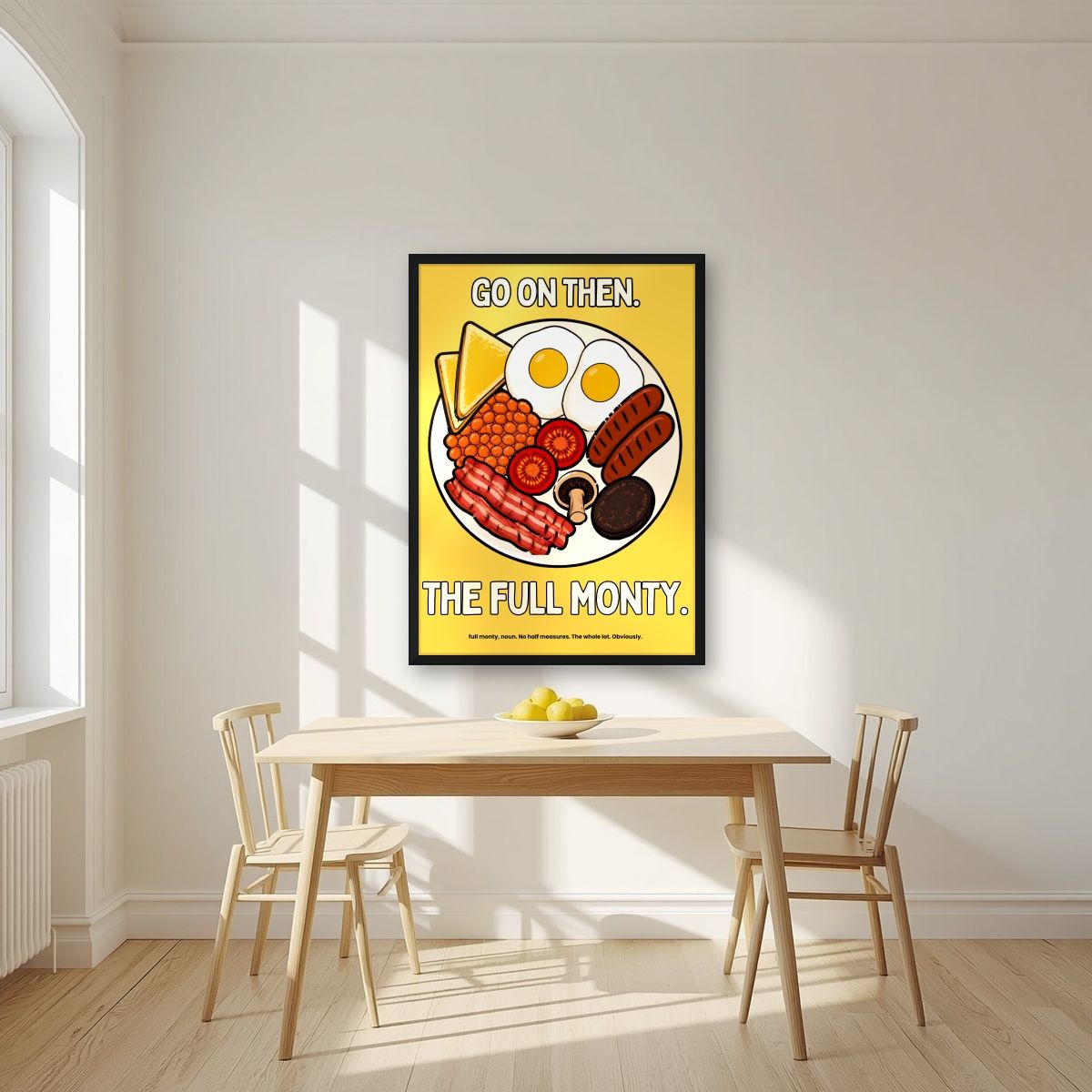 The Full Monty – English Mustard art print, in a black frame, styled in a kitchen
