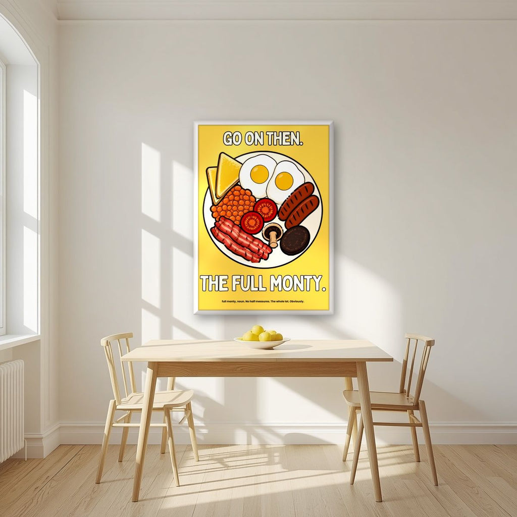 The Full Monty – English Mustard art print, in a white frame, styled in a kitchen