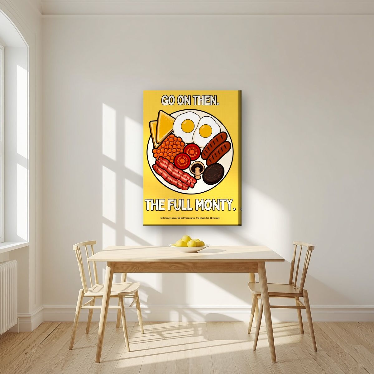 The Full Monty – English Mustard art print, on slim canvas, styled in a kitchen