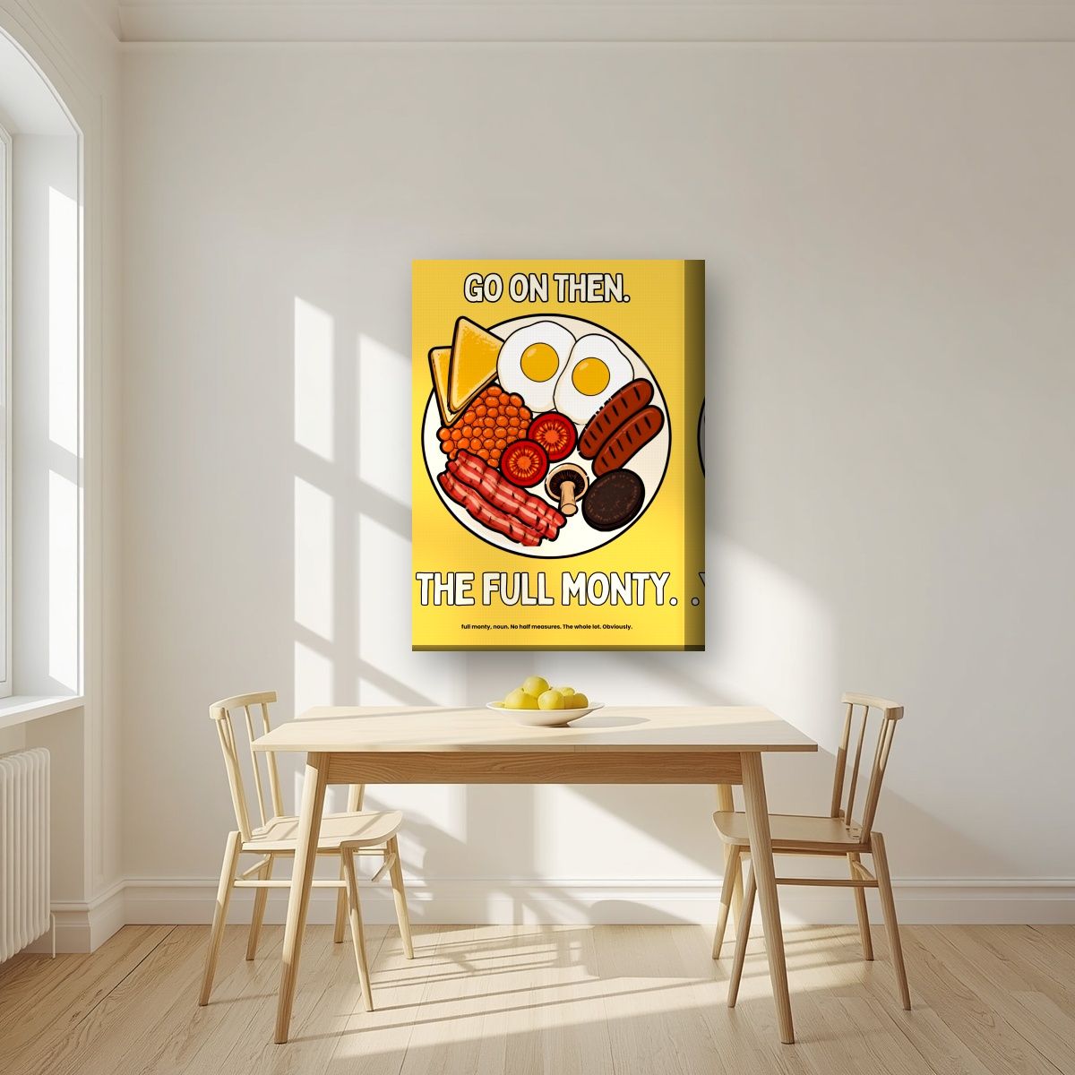 The Full Monty – English Mustard art print, on thick canvas, styled in a kitchen
