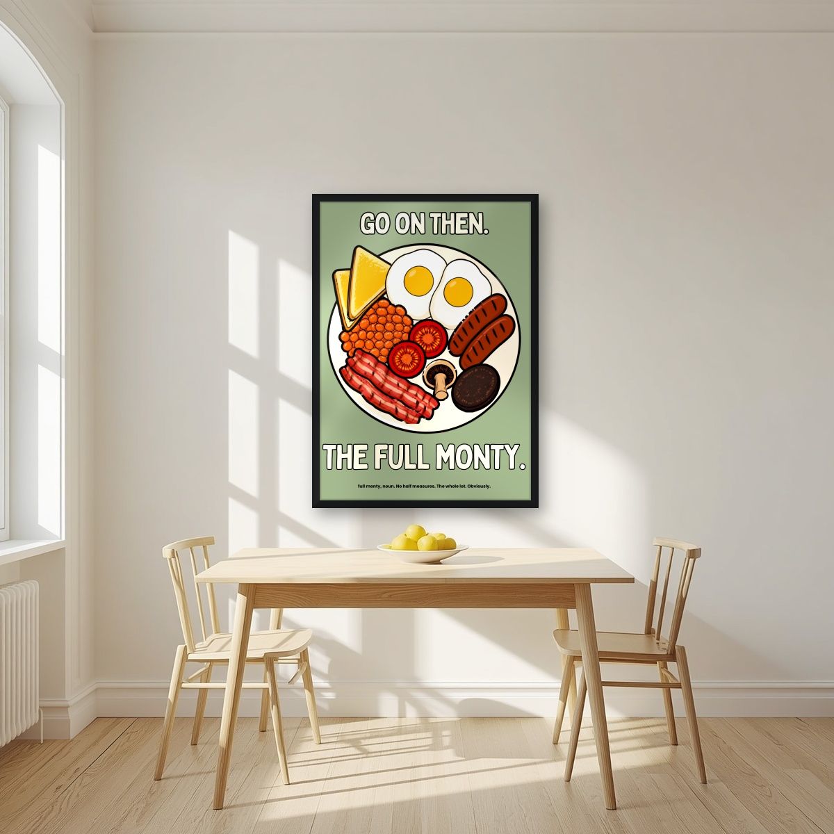 The Full Monty – Garden Sage art print, in a black frame, styled in a kitchen