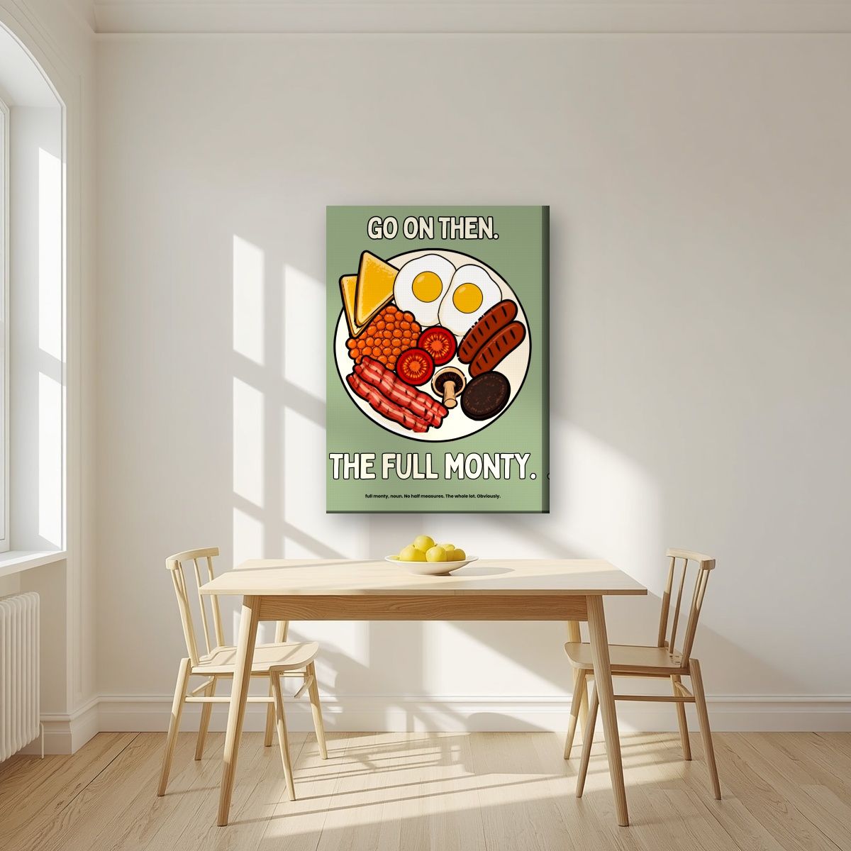 The Full Monty – Garden Sage art print, on slim canvas, styled in a kitchen