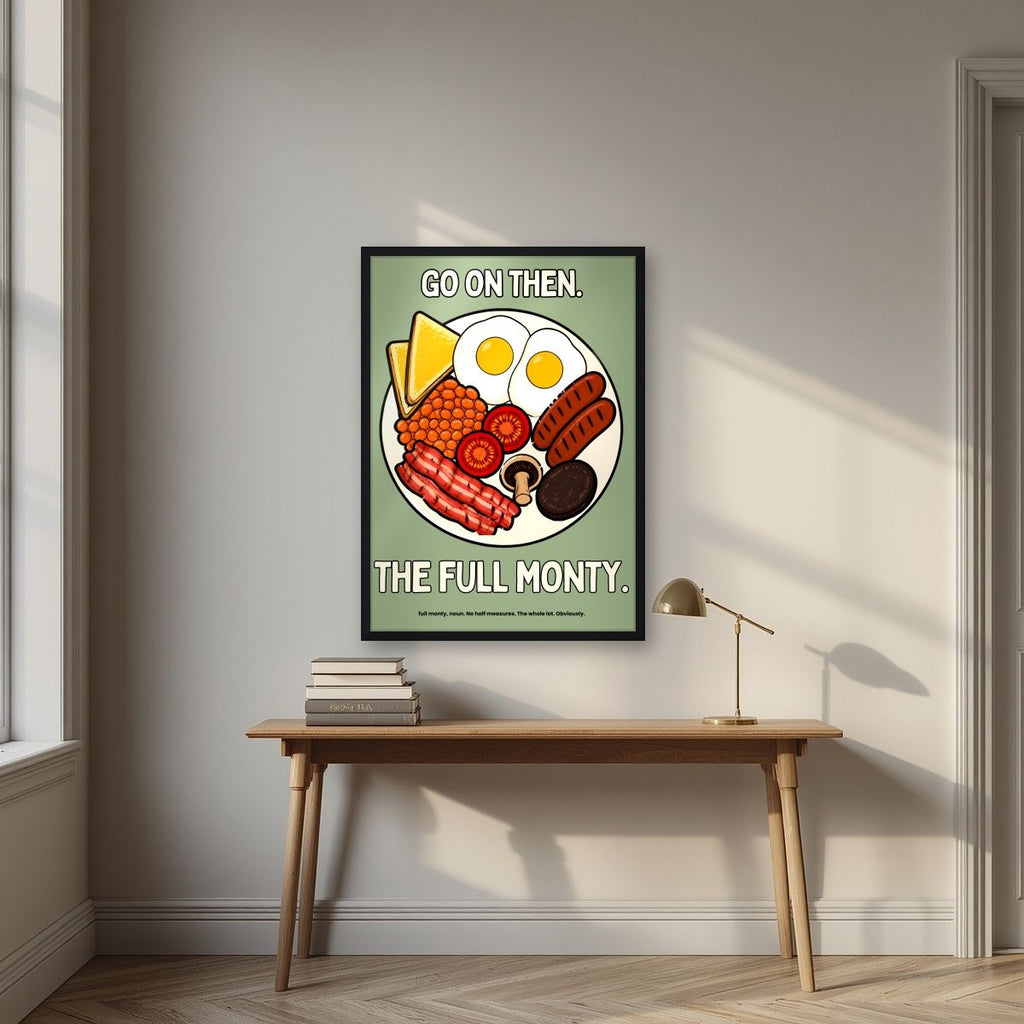 The Full Monty – Garden Sage art print, in a black frame, styled in a desk