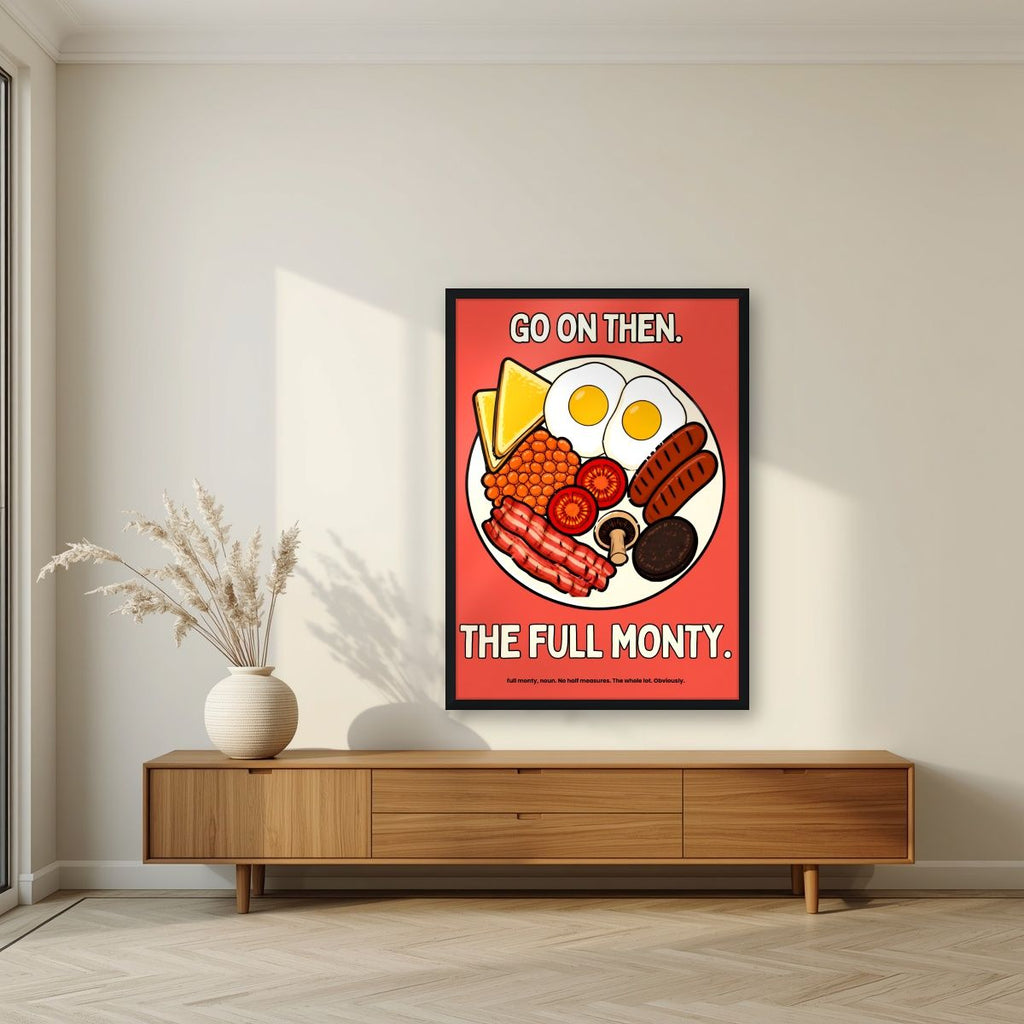 The Full Monty – Ketchup Coral art print, in a black frame, styled in a living room