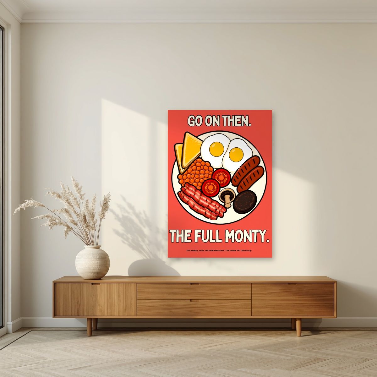 The Full Monty – Ketchup Coral art print, unframed poster, styled in a living room