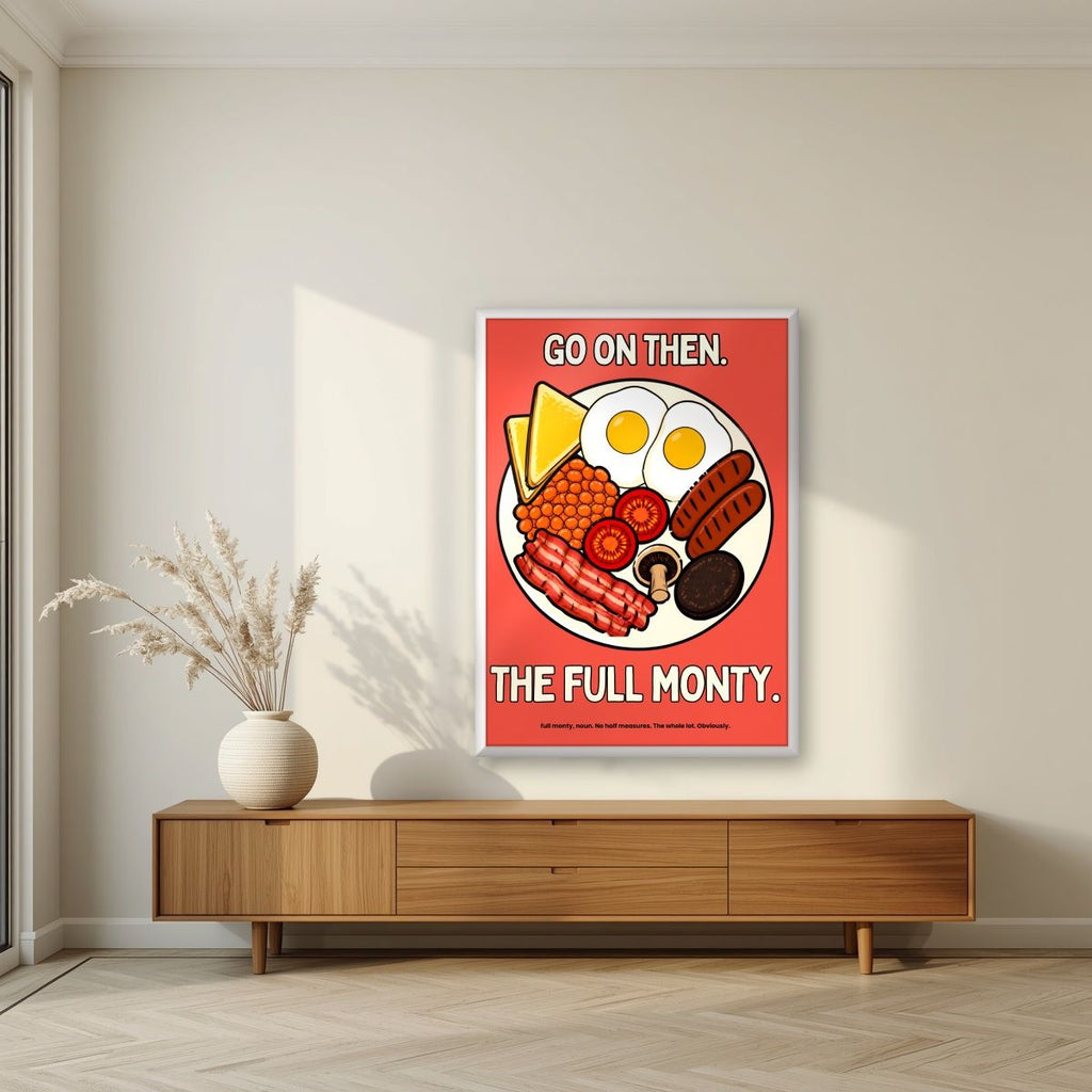 The Full Monty – Ketchup Coral art print, in a white frame, styled in a living room