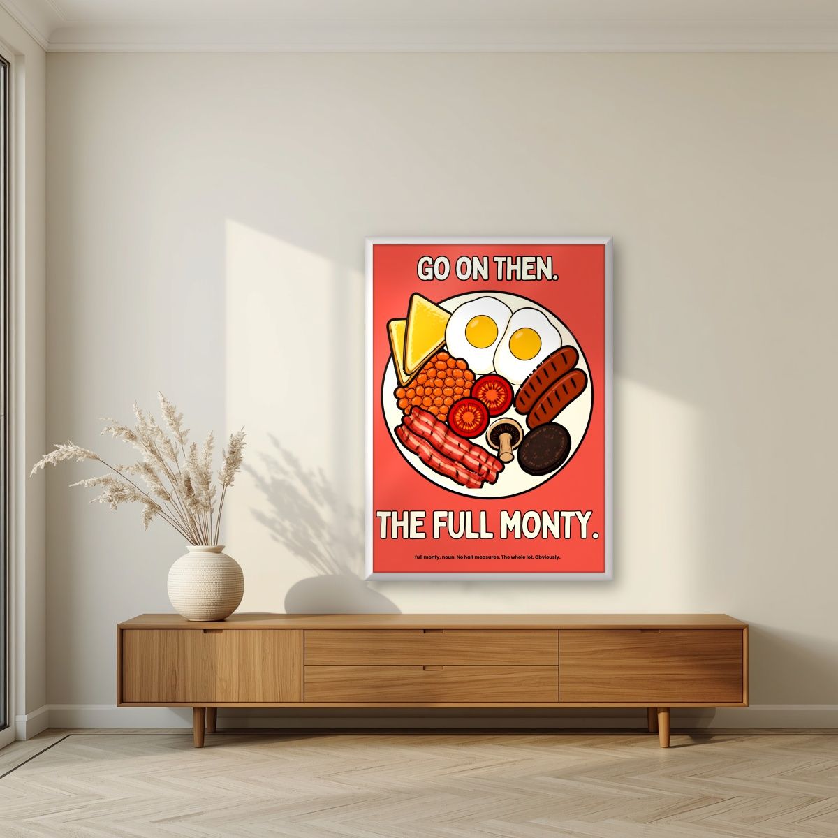 The Full Monty – Ketchup Coral art print, in a white frame, styled in a living room