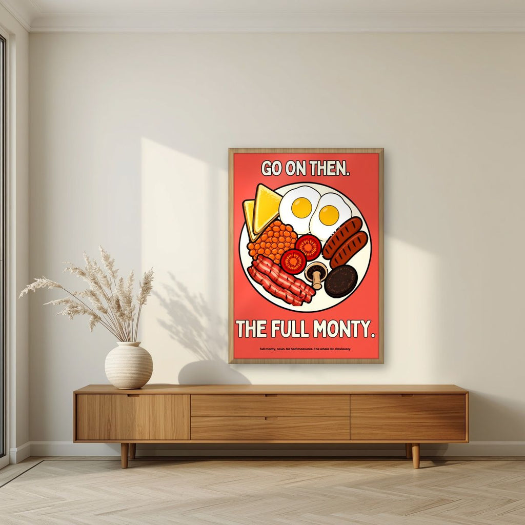 The Full Monty – Ketchup Coral art print, in an oak frame, styled in a living room