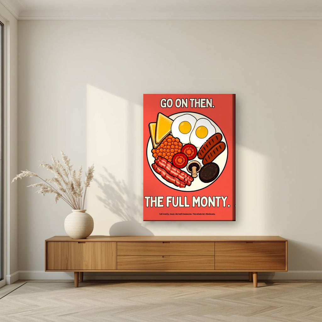 The Full Monty – Ketchup Coral art print, on slim canvas, styled in a living room