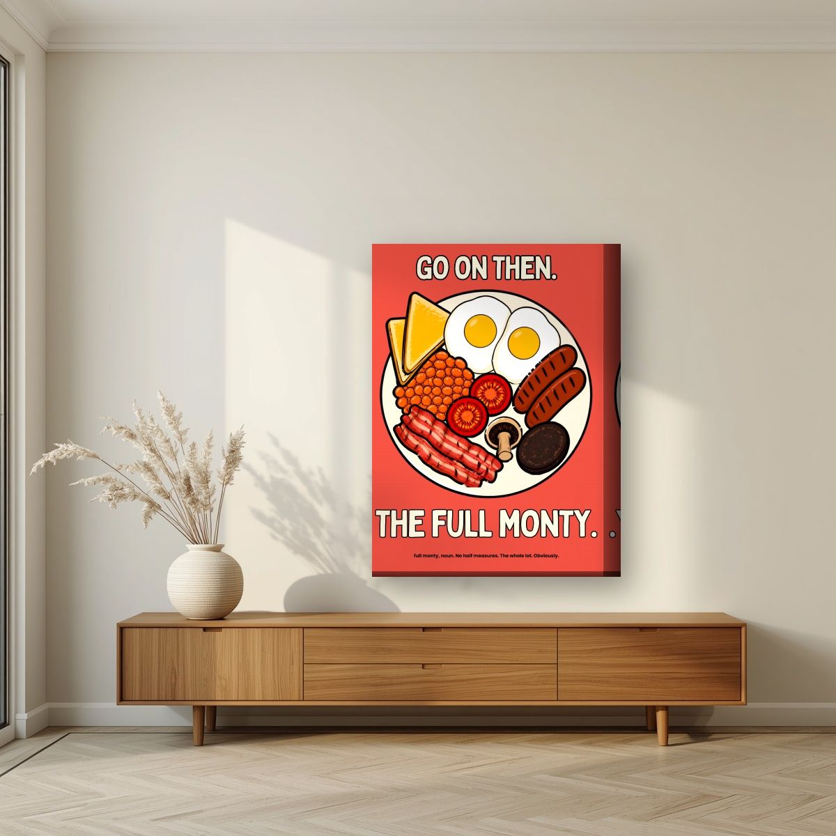 The Full Monty – Ketchup Coral art print, on thick canvas, styled in a living room