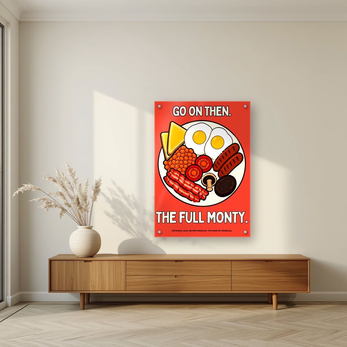 The Full Monty – Ketchup Coral art print, as an acrylic print, styled in a living room