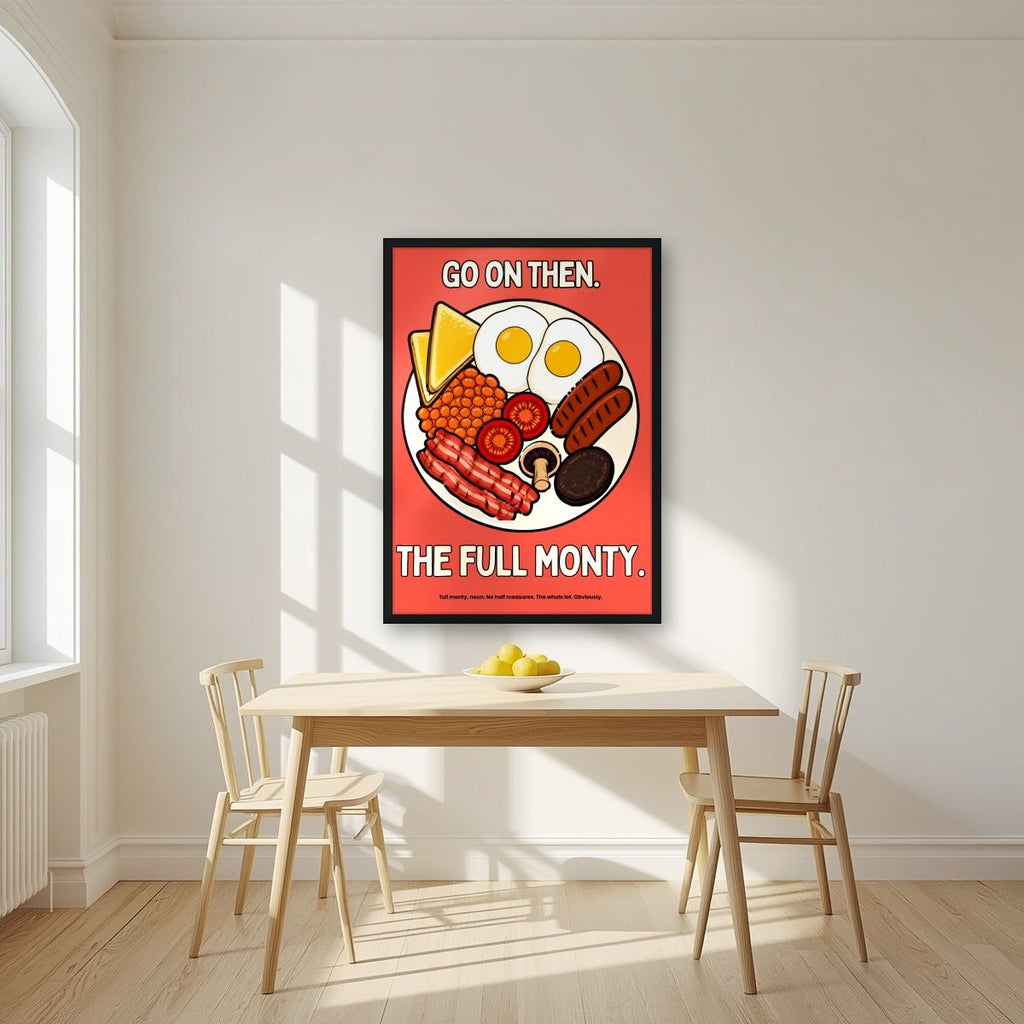 The Full Monty – Ketchup Coral art print, in a black frame, styled in a kitchen