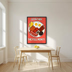 The Full Monty – Ketchup Coral art print, in a black frame, styled in a kitchen