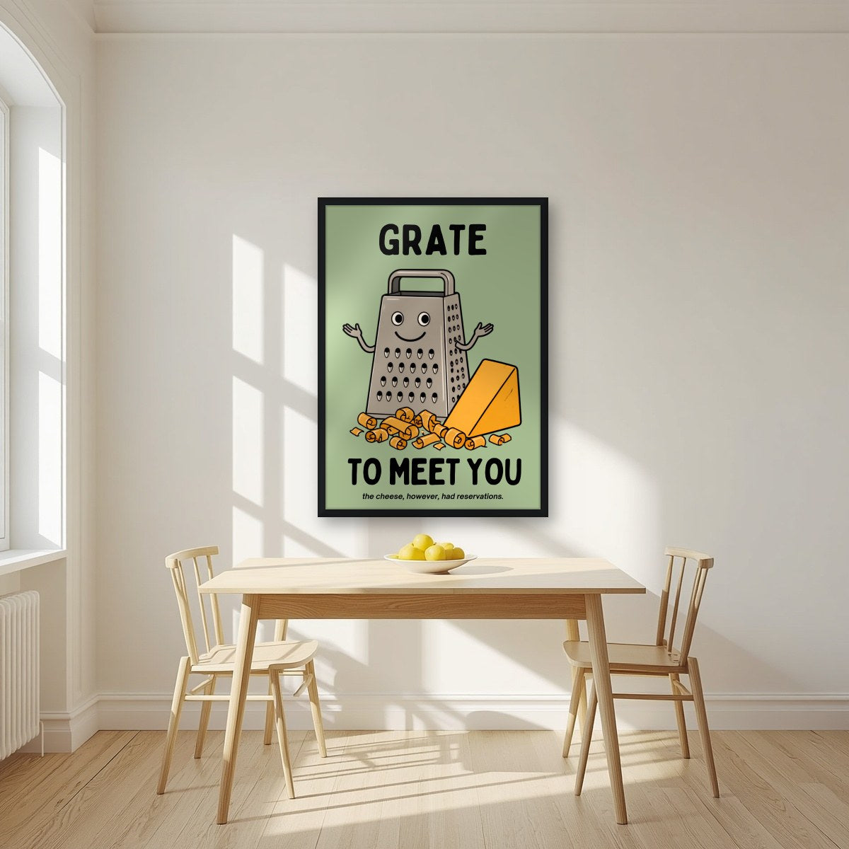 Grate to Meet You – Allotment Sage art print, in a black frame, styled in a kitchen