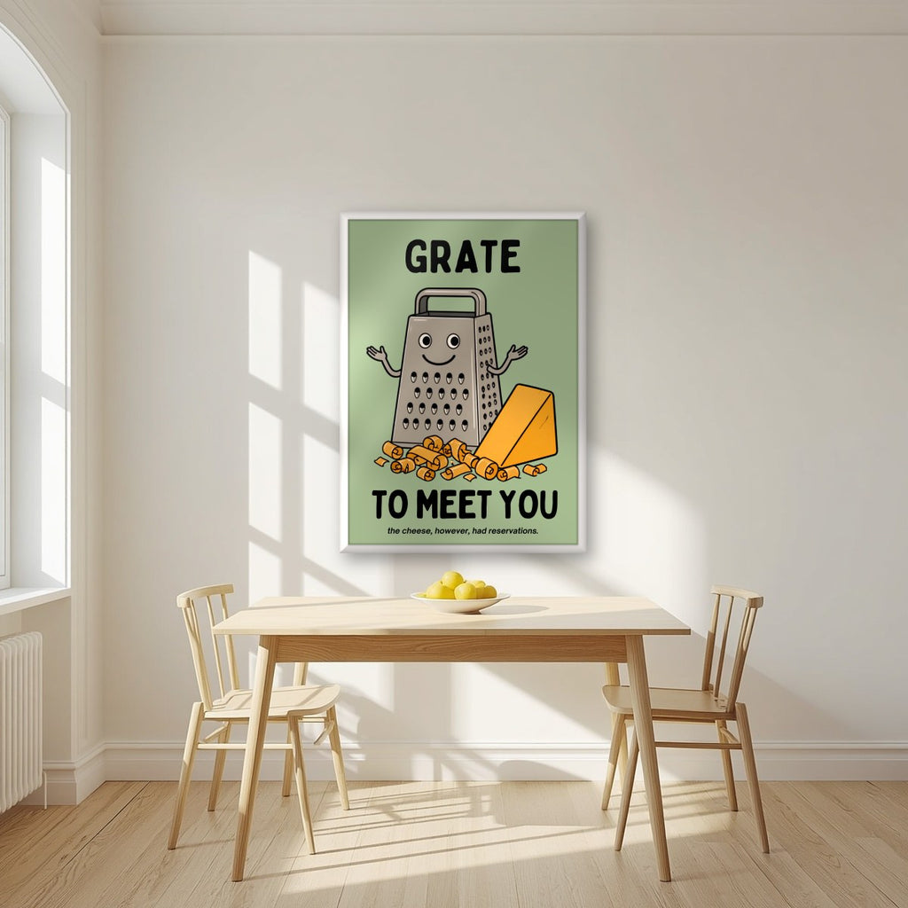 Grate to Meet You – Allotment Sage art print, in a white frame, styled in a kitchen