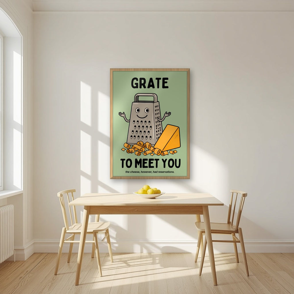 Grate to Meet You – Allotment Sage art print, in an oak frame, styled in a kitchen