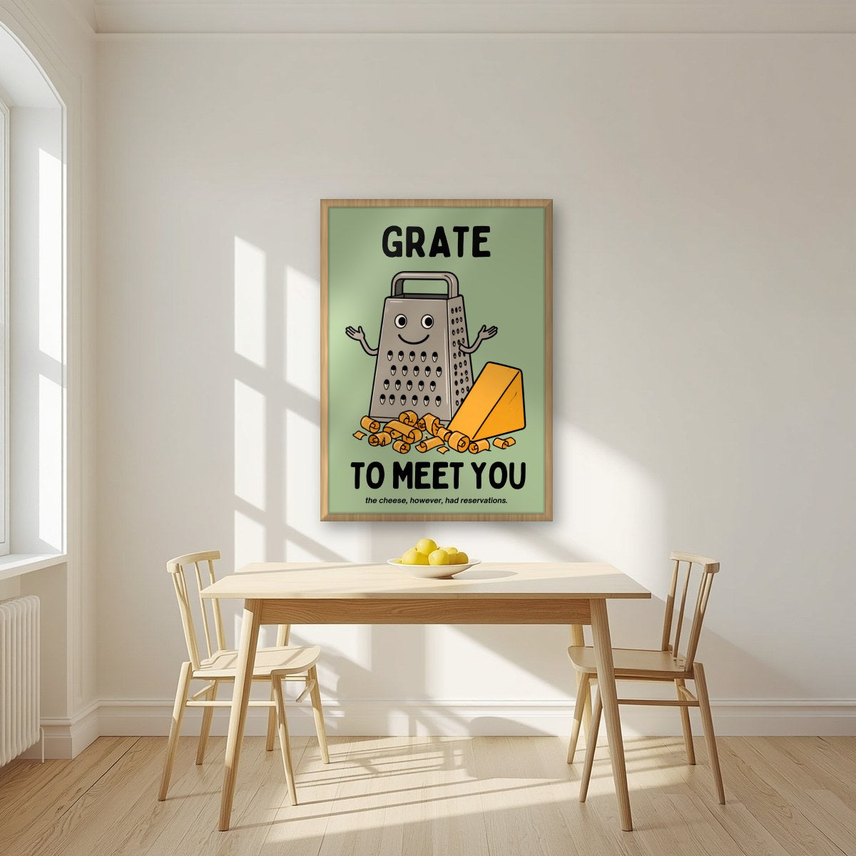 Grate to Meet You – Allotment Sage art print, in an oak frame, styled in a kitchen