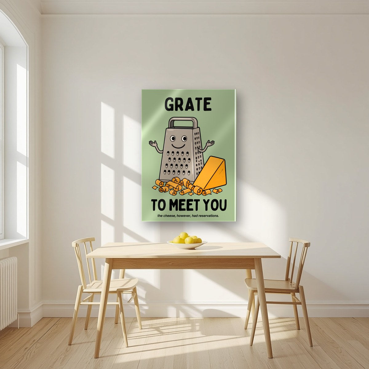 Grate to Meet You – Allotment Sage art print, as an acrylic print, styled in a kitchen
