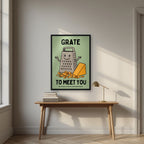 Grate to Meet You – Allotment Sage art print, in a black frame, styled in a desk