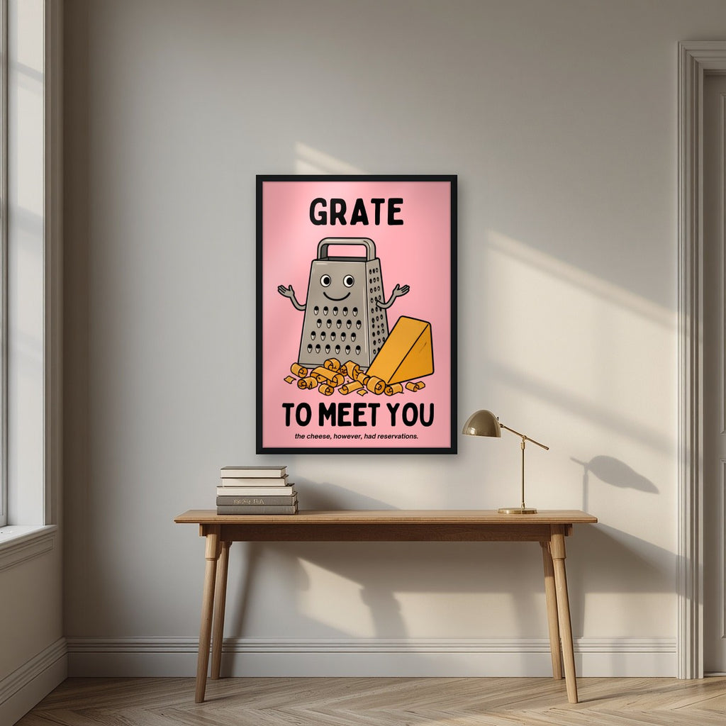 Grate to Meet You – Candyfloss Pink art print, in a black frame, styled in a desk