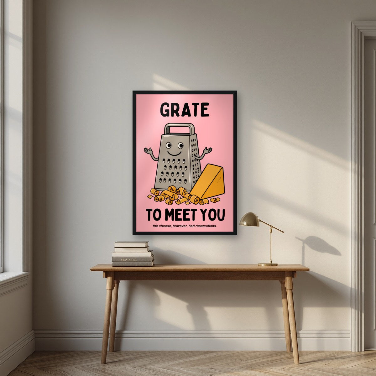 Grate to Meet You – Candyfloss Pink art print, in a black frame, styled in a desk