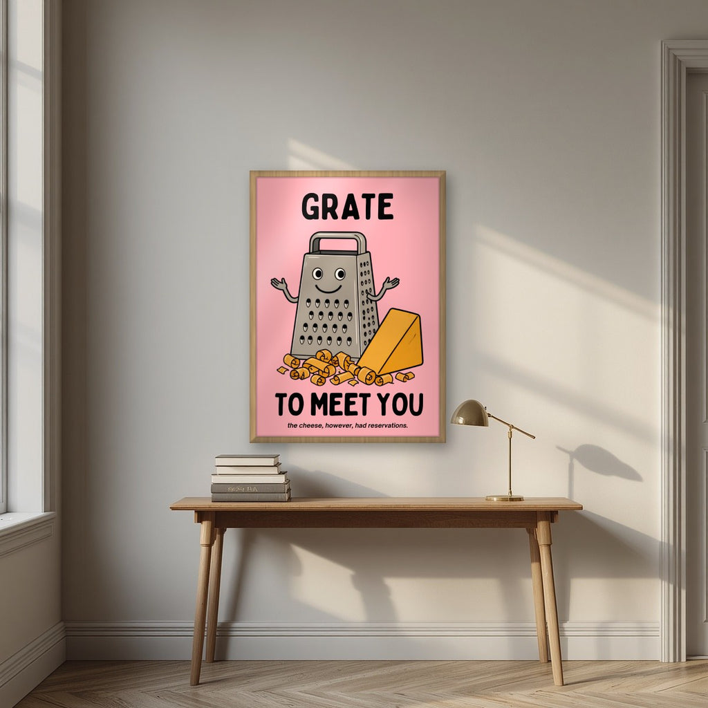 Grate to Meet You – Candyfloss Pink art print, in an oak frame, styled in a desk
