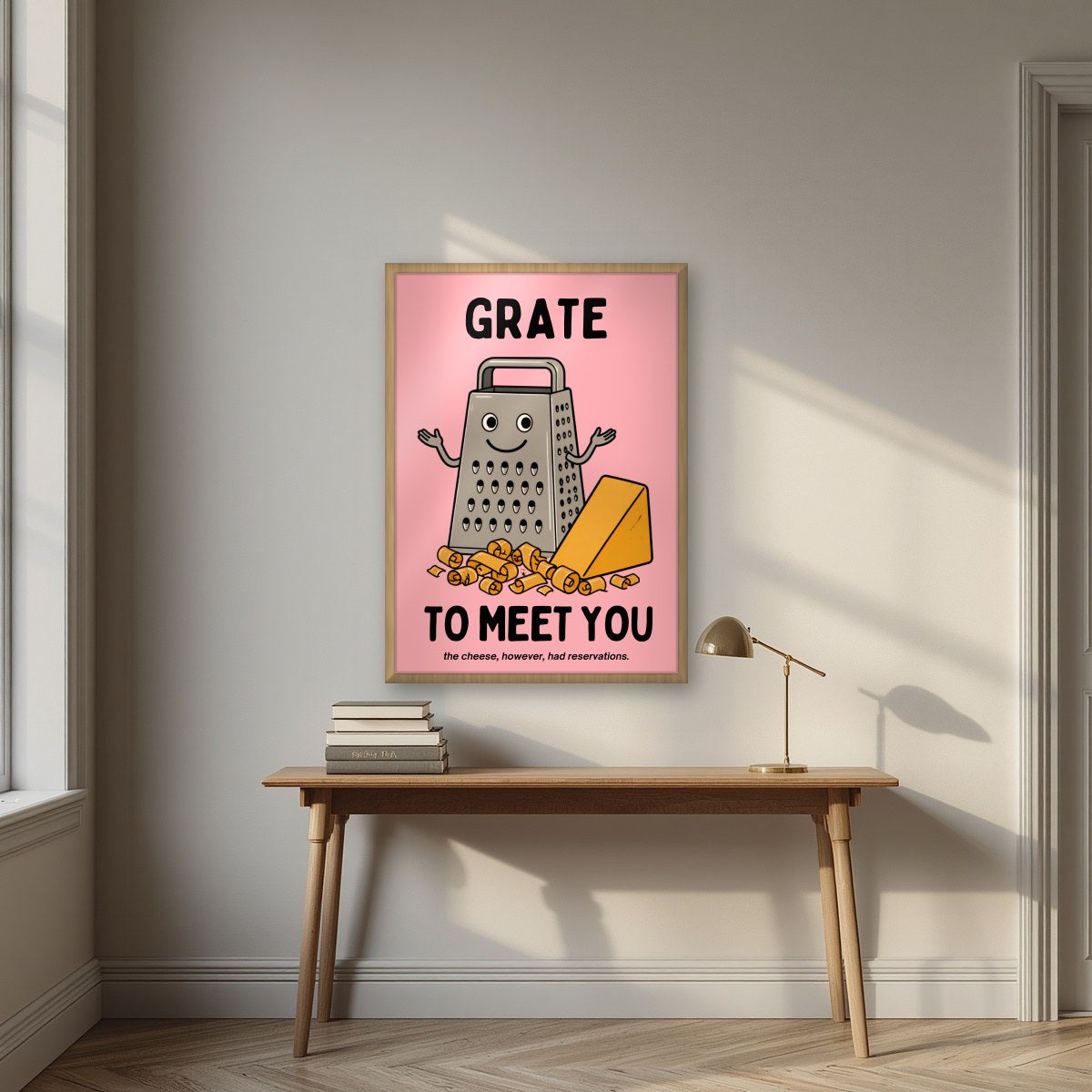 Grate to Meet You – Candyfloss Pink art print, in an oak frame, styled in a desk