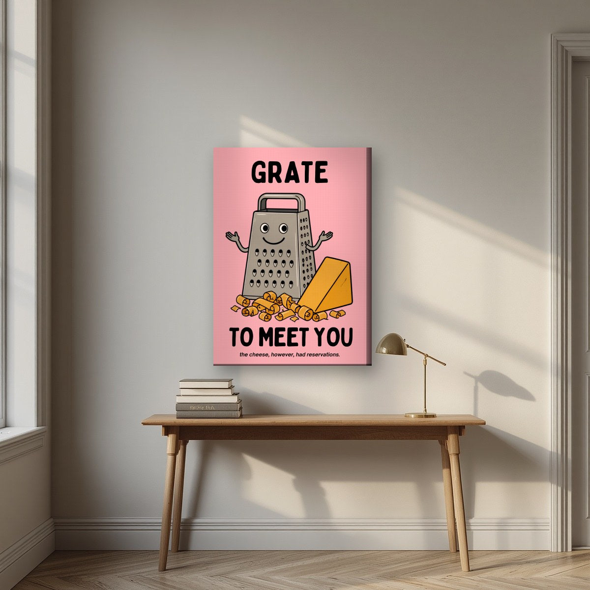Grate to Meet You – Candyfloss Pink art print, on slim canvas, styled in a desk