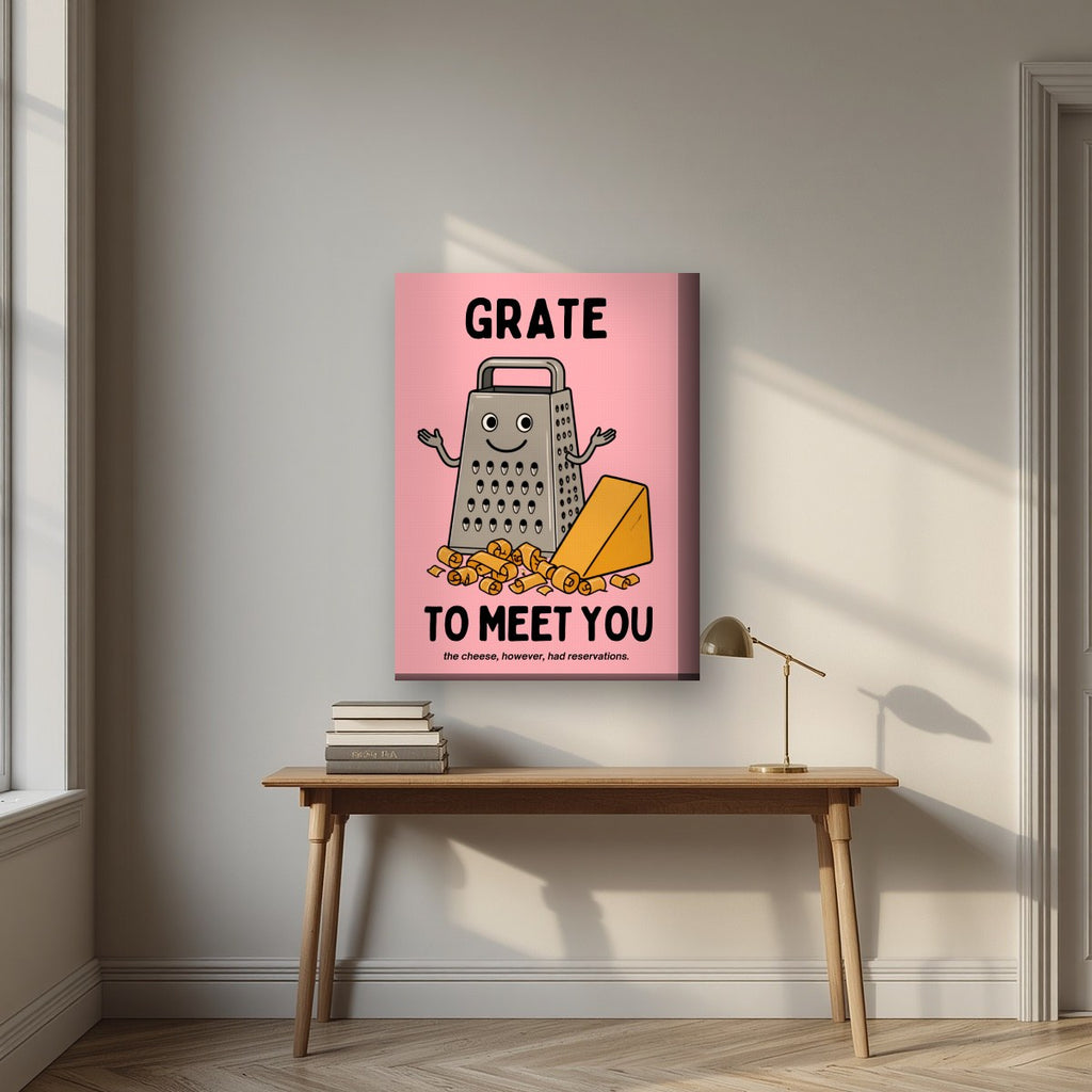 Grate to Meet You – Candyfloss Pink art print, on thick canvas, styled in a desk