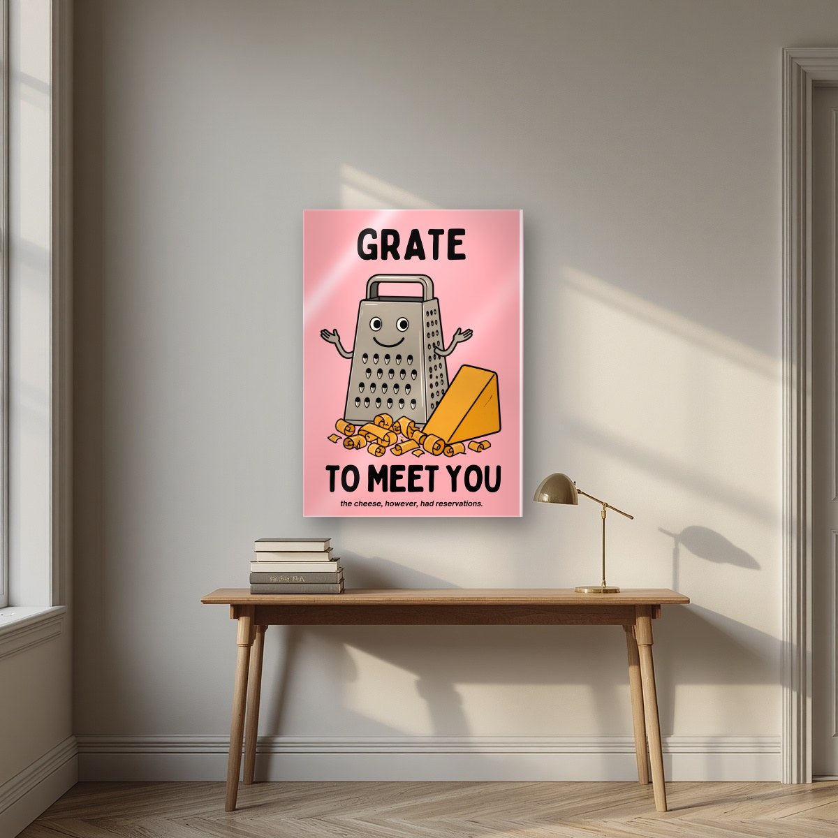 Grate to Meet You – Candyfloss Pink art print, as an acrylic print, styled in a desk