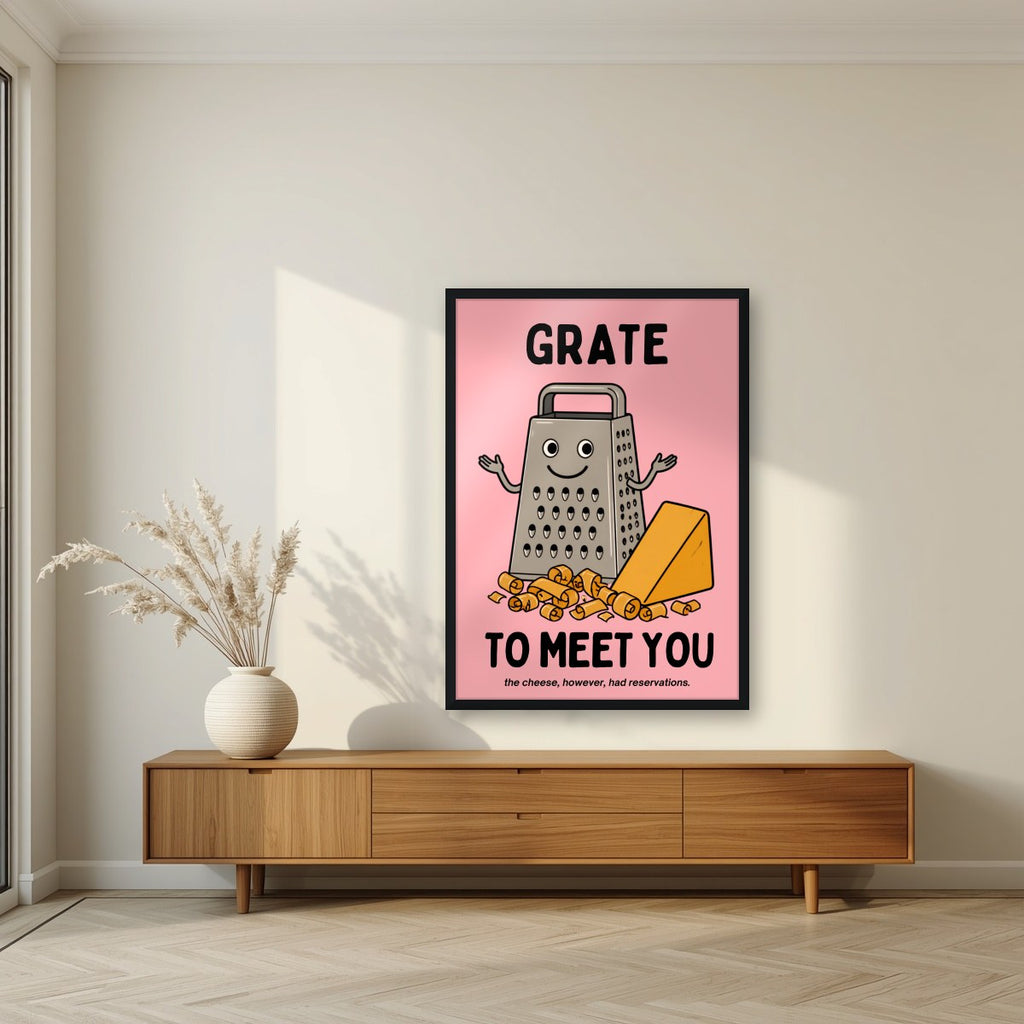 Grate to Meet You – Candyfloss Pink art print, in a black frame, styled in a living room