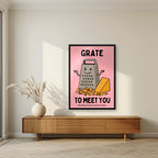 Grate to Meet You – Candyfloss Pink art print, in a black frame, styled in a living room
