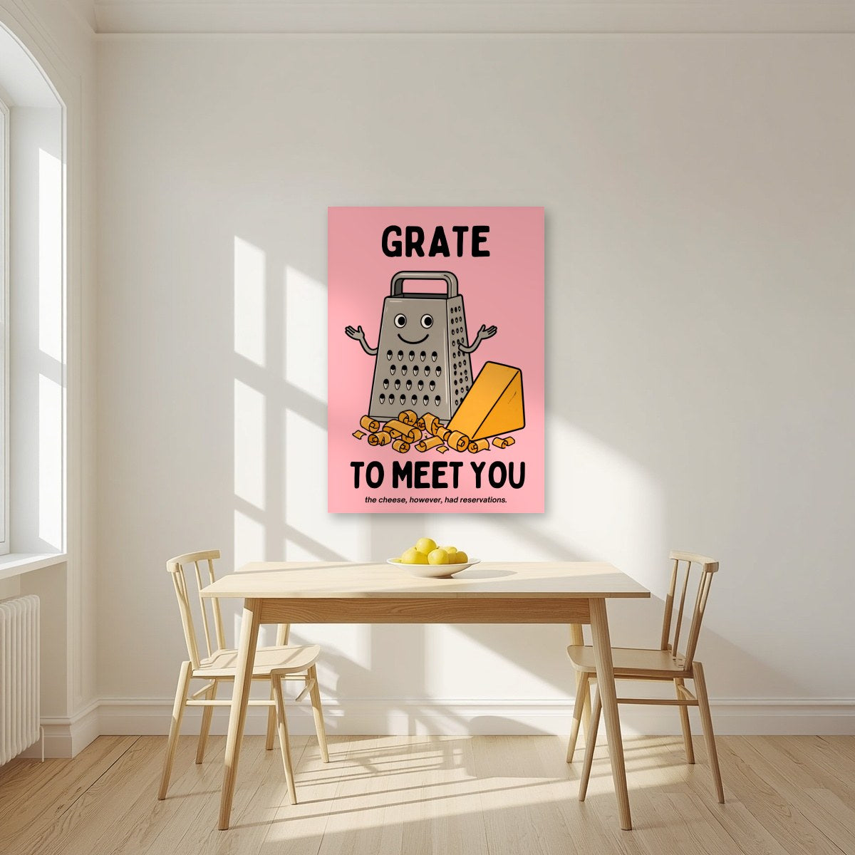 Grate to Meet You – Candyfloss Pink art print, unframed poster, styled in a kitchen