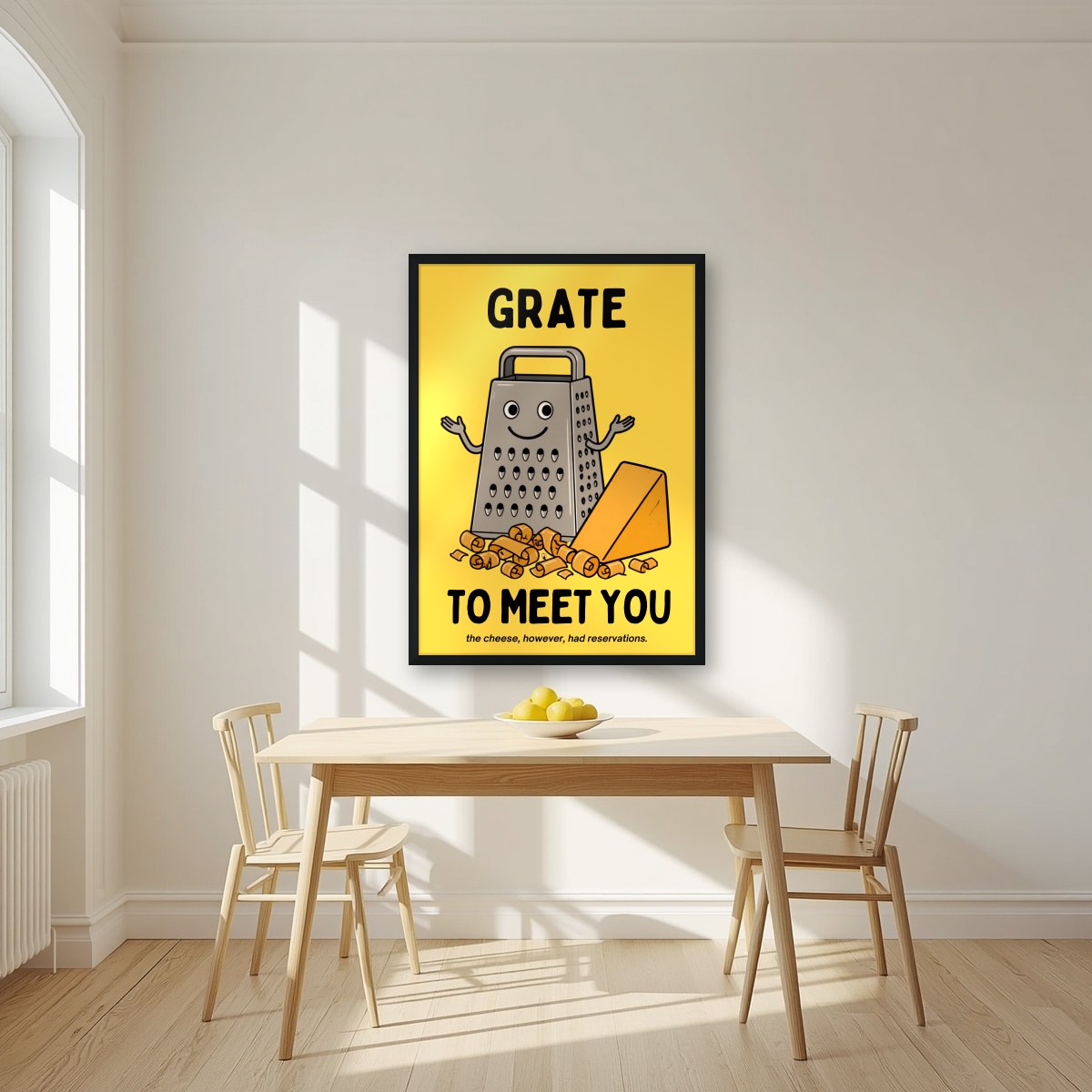 Grate to Meet You – Chippy Gold art print, in a black frame, styled in a kitchen