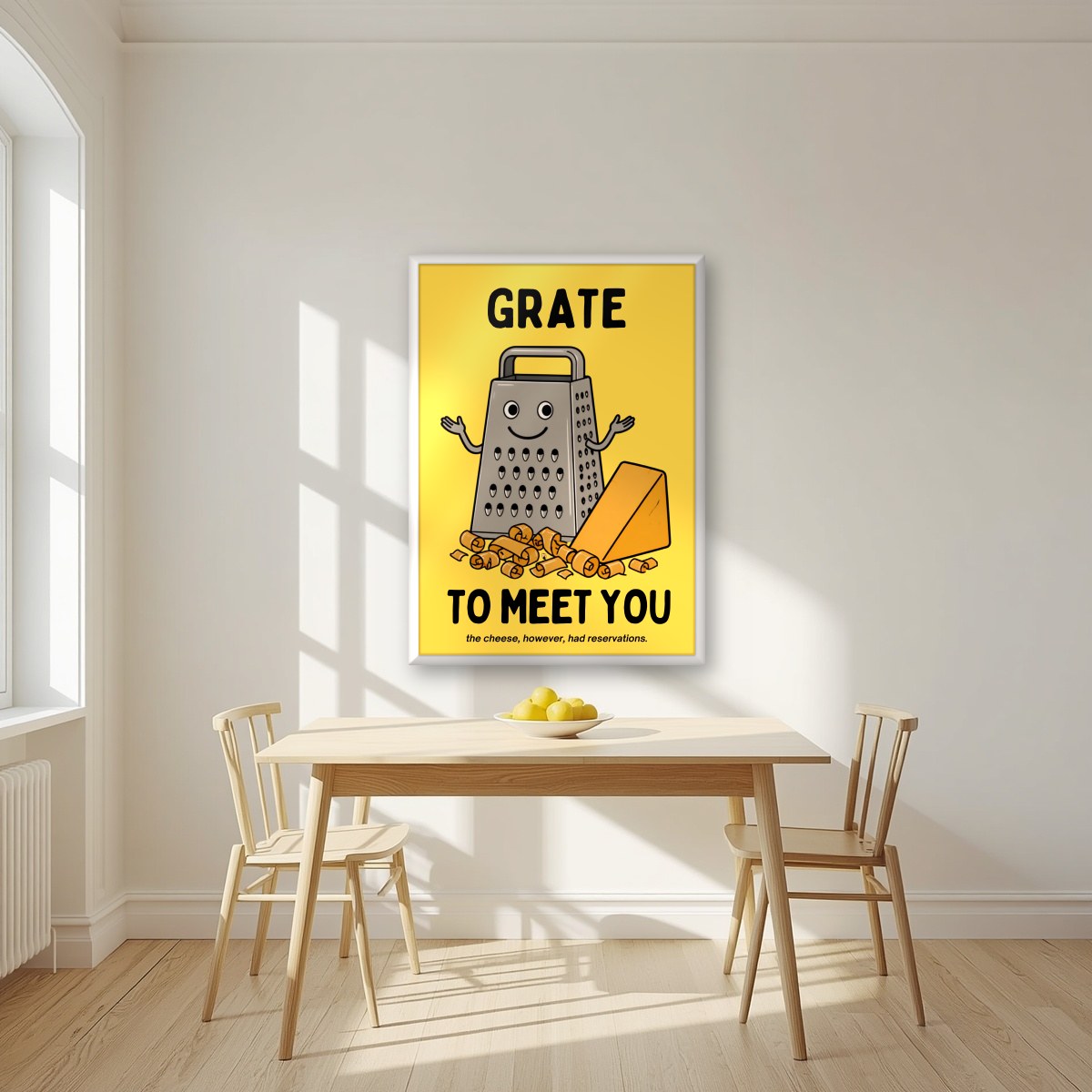 Grate to Meet You – Chippy Gold art print, in a white frame, styled in a kitchen
