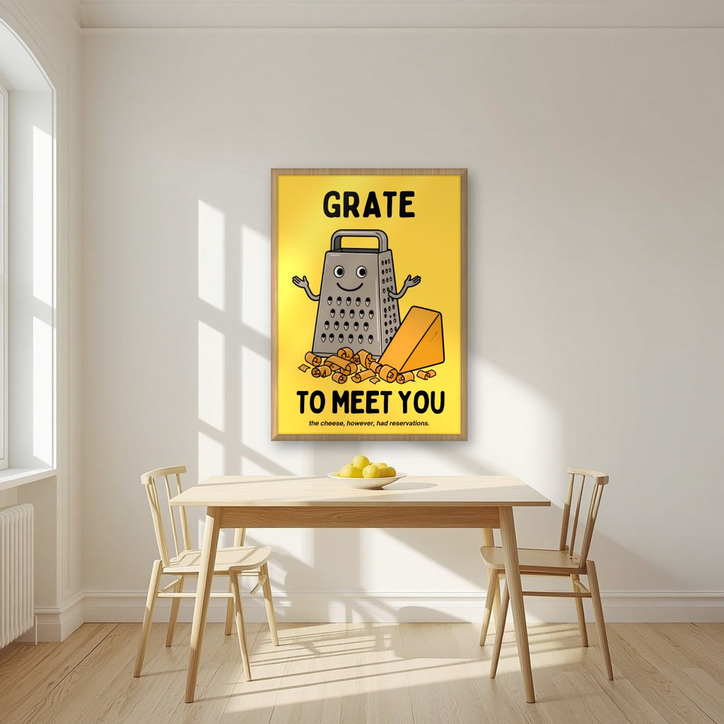 Grate to Meet You – Chippy Gold art print, in an oak frame, styled in a kitchen