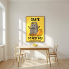 Grate to Meet You – Chippy Gold art print, in an oak frame, styled in a kitchen