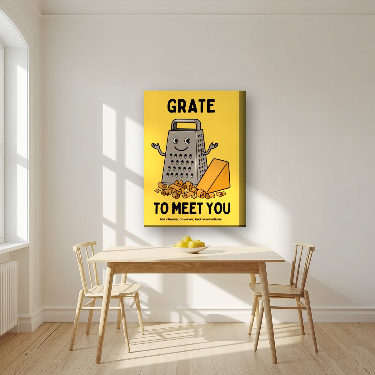 Grate to Meet You – Chippy Gold art print, on thick canvas, styled in a kitchen