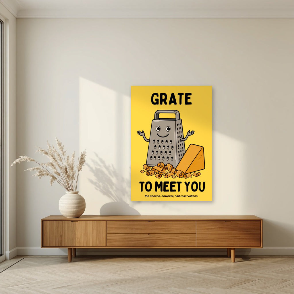 Grate to Meet You – Chippy Gold art print, unframed poster, styled in a living room
