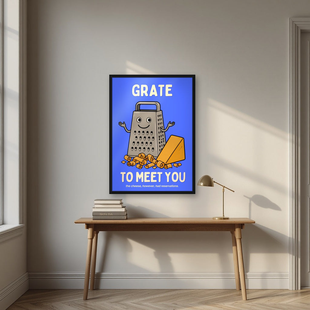 Grate to Meet You – Deckchair Blue art print, in a black frame, styled in a desk