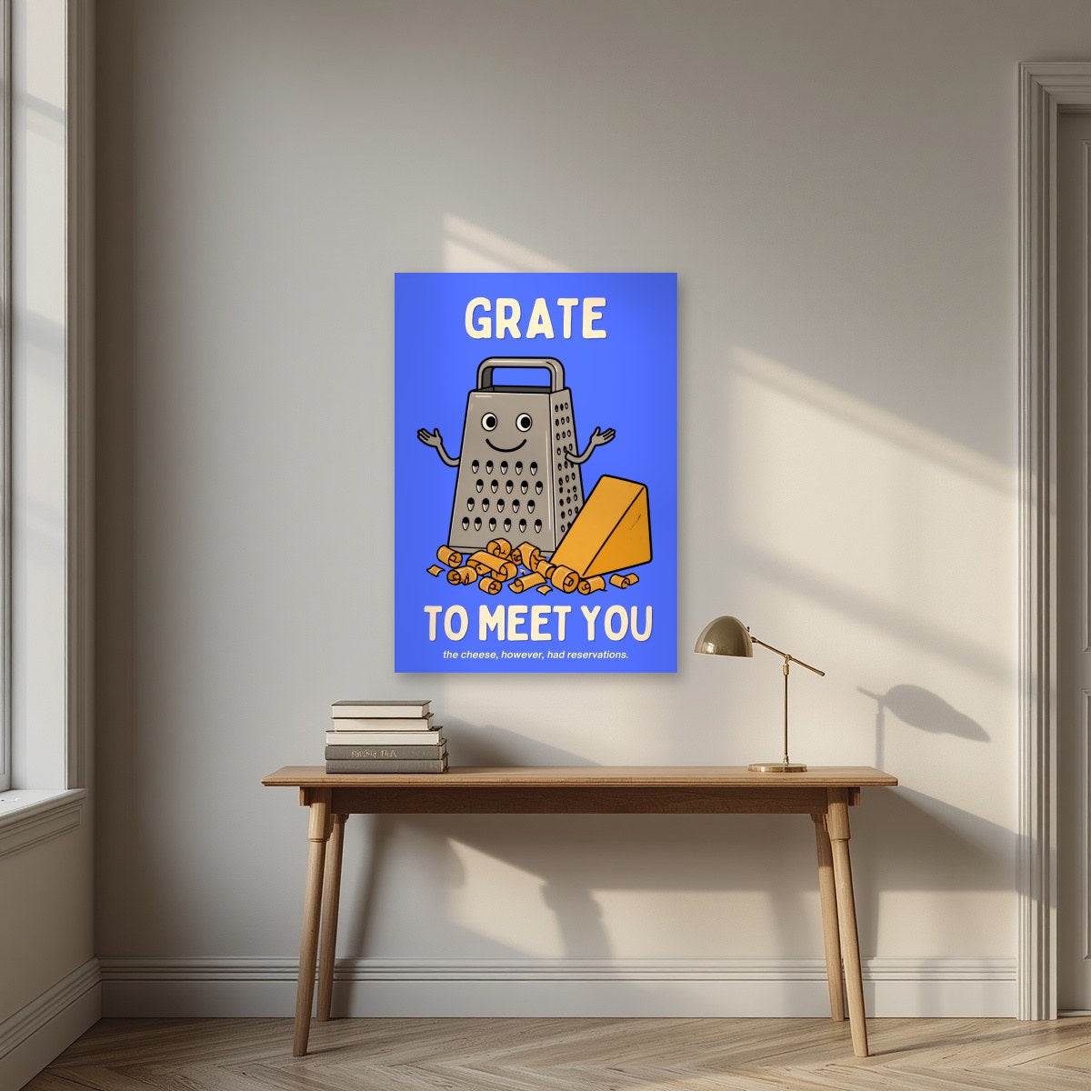 Grate to Meet You – Deckchair Blue art print, unframed poster, styled in a desk