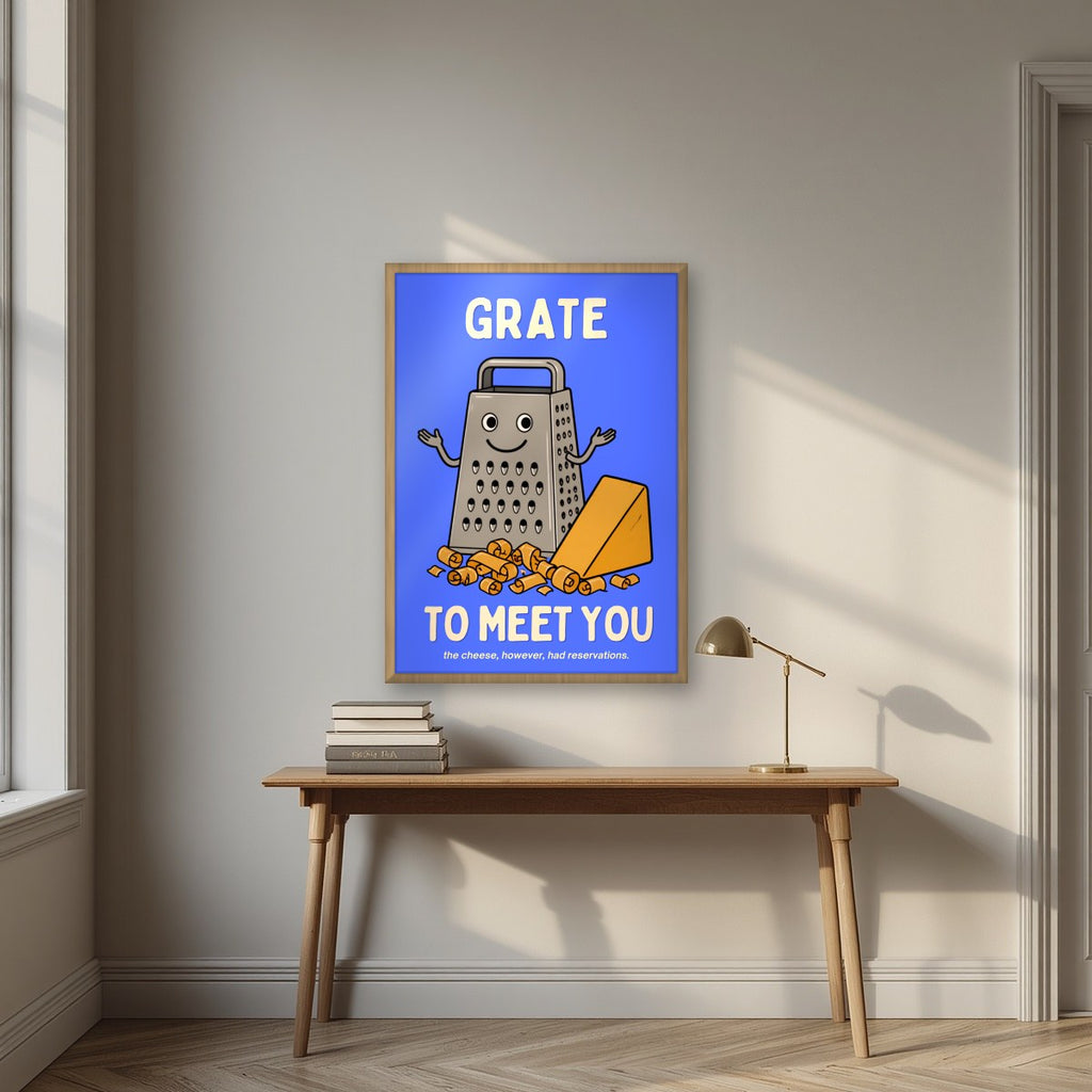 Grate to Meet You – Deckchair Blue art print, in an oak frame, styled in a desk
