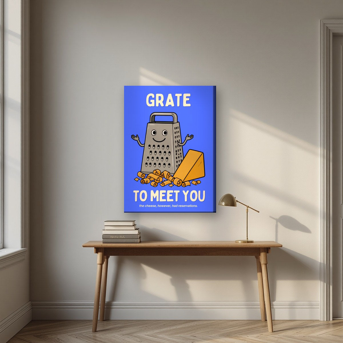 Grate to Meet You – Deckchair Blue art print, on slim canvas, styled in a desk